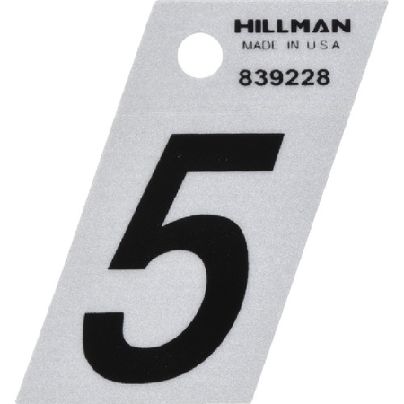 HILLMAN Number, Character: 5, 1-1/2 in H Character, Black Character, Silver Background, Mylar 839228